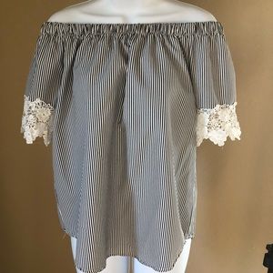 Striped Off the Shoulder Top with Lace Detail